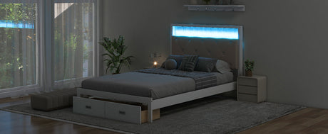 Wood Full Size Platform Bed with Upholstered Headboard and LED and 2 Drawers, Antique White - V.I.P Digital Presence