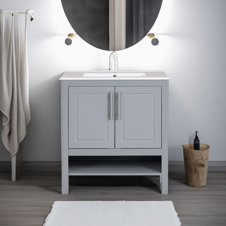 30" Bathroom Vanity with Sink, Multi-functional Bathroom Cabinet with Doors and Drawers, Solid Frame and MDF Board, Grey - V.I.P Digital Presence