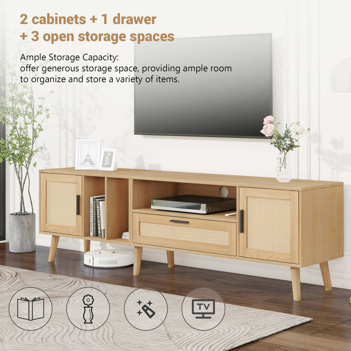 Vine TV stand with 2 cabinets and 2 open shelves, suitable for TVs under 80 inches, with solid wood legs for TV cabinets - V.I.P Digital Presence