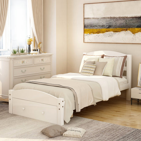Platform Twin Bed Frame with Storage Drawer and Wood Slat Support No Box Spring Needed White - V.I.P Digital Presence
