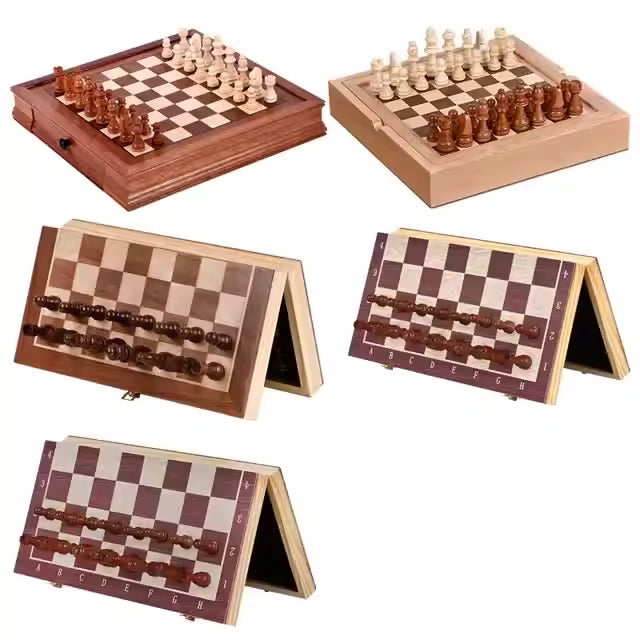 Juego de caja de ajedrez magnética con tablero de ajedrez empalmado de chapa de madera maciza estilo cajón