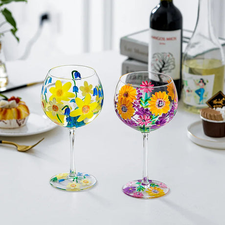 Nordic Colored Glass Wine Glasses Creative Hand-Painted Flowers Wine Glass Household Painted Goblet Crystal Champagne Drinkware - V.I.P Digital Presence