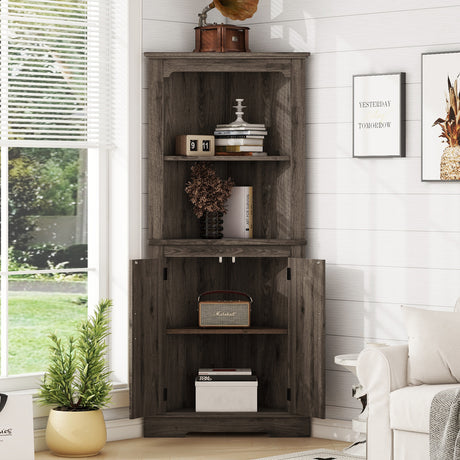 Tall Corner Cabinet with Doors for living room, bathroom,Dining Room or Kitchen,color:Dark walnut - V.I.P Digital Presence