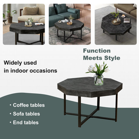 Wooden octagonal retro patchwork craft 30 inch wooden tabletop cross metal leg coffee table (Antique Black) - V.I.P Digital Presence