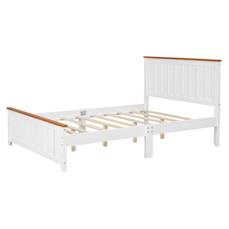 Full Size Wood Platform Bed Wooden Slat Support, Vintage Simple Bed Frame with Rectangular Headboard and Footboard, White - V.I.P Digital Presence