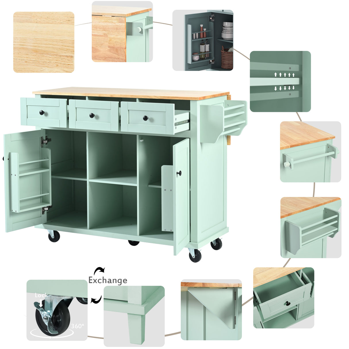 Kitchen trolley, cabinet door internal storage rack with storage cabinet and 3 dining room drawers, mint green - V.I.P Digital Presence