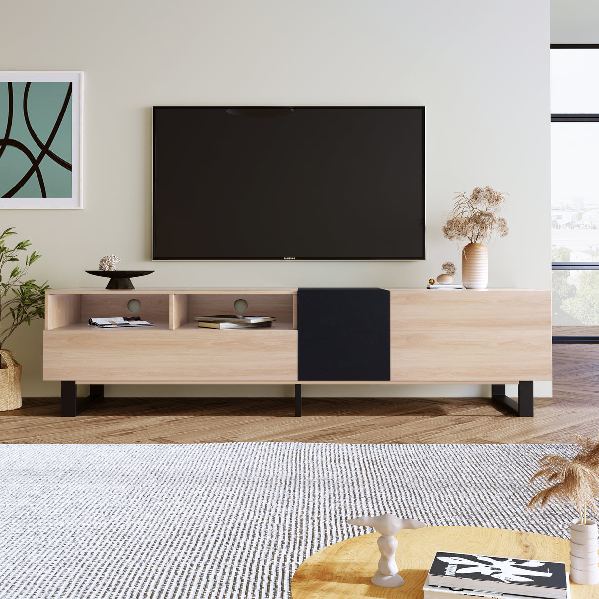 Modern TV Stand for 80'' TV with Double Storage Space Media Console Table Entertainment Center with Drop Down Door