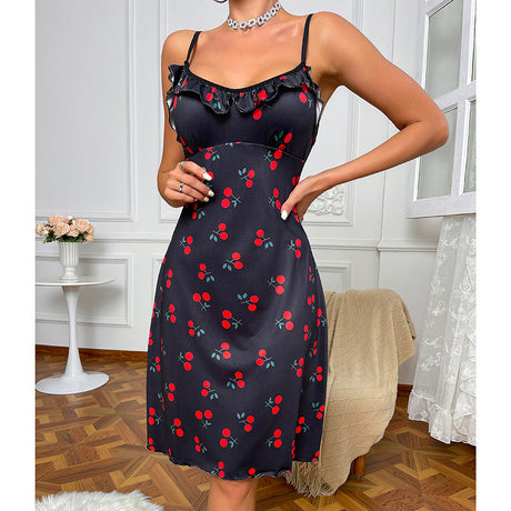 Sexy lingerie, sexy women's suspender, cherry heart printed home clothes, nightgown - V.I.P Digital Presence