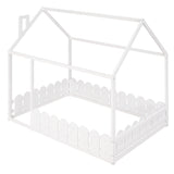 (Slats are not included) Full Size Wood Bed House Bed Frame with Fence for Kids Teens Girls Boys (White ) - V.I.P Digital Presence