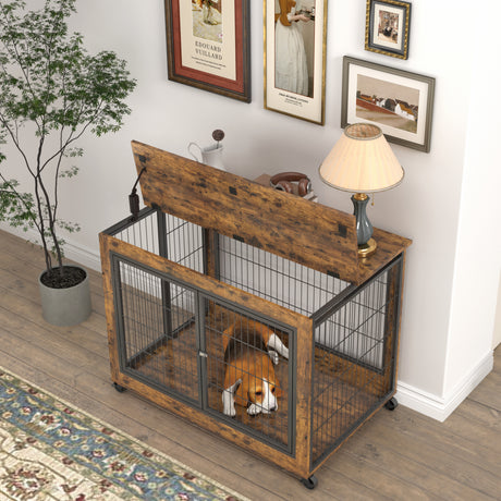 Furniture Dog Cage Crate with Double Doors, Rustic Brown, 38.58'' W x 25.2'' D x 27.17'' H - V.I.P Digital Presence
