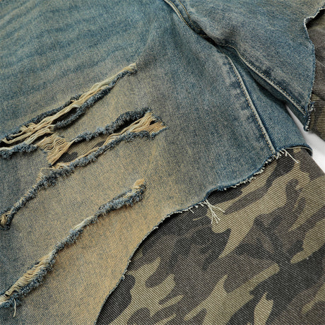 Post-Apocalyptic Style Distressed Patchwork Camouflage Seven-Quarter Denim Pants Men's Summer Fake Two-Piece Washed Frayed Hem Shorts - V.I.P Digital Presence