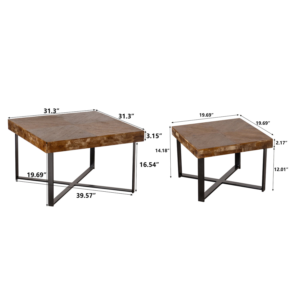 31.3"Modern Retro Splicing Square Coffee Table  Fir Wood Table Top with Cross Legs Metal Base (Set of 2 pcs )