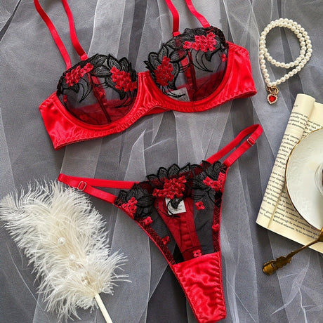 Underwear three-point sexy mesh embroidery perspective fun lingerie set women's T-pants temptation - V.I.P Digital Presence