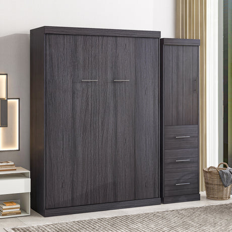 Full Size Murphy Bed with Wardrobe and Drawers, Storage Bed, can be Folded into a Cabinet, Gray - V.I.P Digital Presence