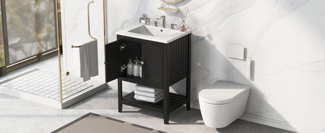 24" Black Modern Sleek Bathroom Vanity Elegant Ceramic Sink with Solid Wood Frame Open Style Shelf - V.I.P Digital Presence