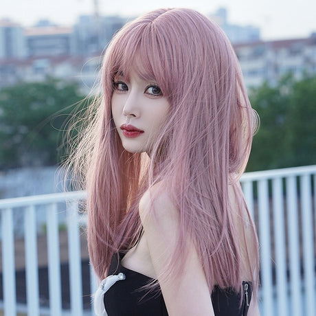 Wig Female Long Hair Full Head Set Type Net Red Long Straight Hair Air Bangs Pink Wig Set Fashion Wig - V.I.P Digital Presence