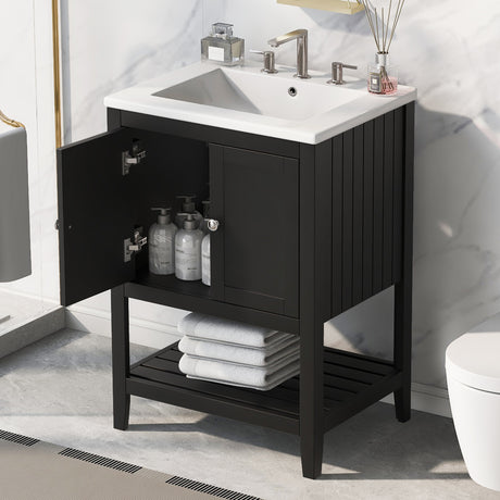 24" Black Modern Sleek Bathroom Vanity Elegant Ceramic Sink with Solid Wood Frame Open Style Shelf - V.I.P Digital Presence