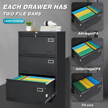 Filing Cabinet Lateral File Cabinet 3 Drawer Blcak Locking Metal File Cabinets Three Drawer - V.I.P Digital Presence