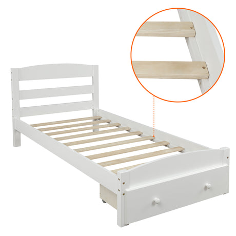 Platform Twin Bed Frame with Storage Drawer and Wood Slat Support No Box Spring Needed White - V.I.P Digital Presence