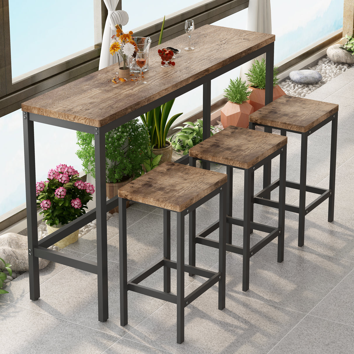 Modern Design Kitchen Dining Table Pub Table Long Dining Table Set with 3 Stools Easy Assembly Natural - V.I.P Digital Presence