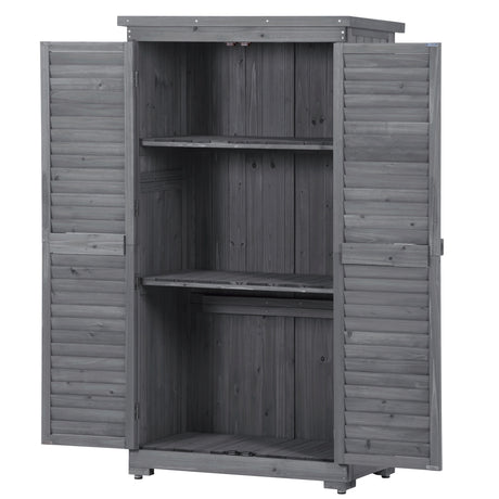 Wooden Garden Shed 3-tier Patio Storage Cabinet Outdoor Organizer Wooden Lockers with Fir Wood (Gray Wood Color -Shutter Design) - V.I.P Digital Presence