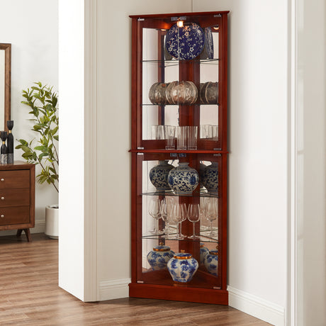 Corner Curio Dispaly Cabinet with Lights, Adjustable Tempered Glass Shelves, Mirrored Back,Cherry(E26 light bulb not included) - V.I.P Digital Presence