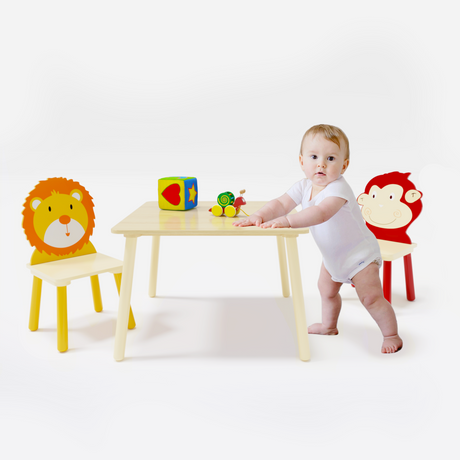Kids Table and 2 Chairs Set 3 Pieces Toddler Table and Chair Set Wooden Activity Play Table Set (Lion&Monkey) - V.I.P Digital Presence