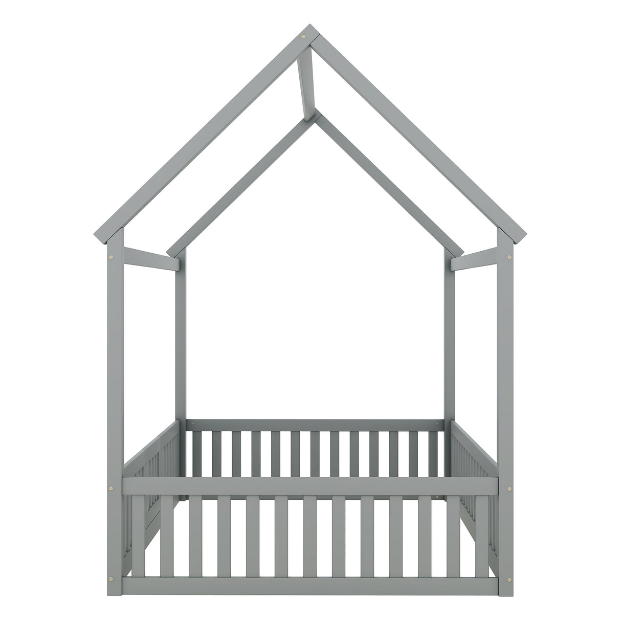 Full Size Wood House Bed with Fence and Door, Gray - V.I.P Digital Presence