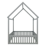Full Size Wood House Bed with Fence and Door, Gray - V.I.P Digital Presence