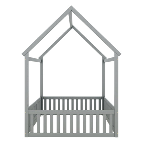 Full Size Wood House Bed with Fence and Door, Gray - V.I.P Digital Presence