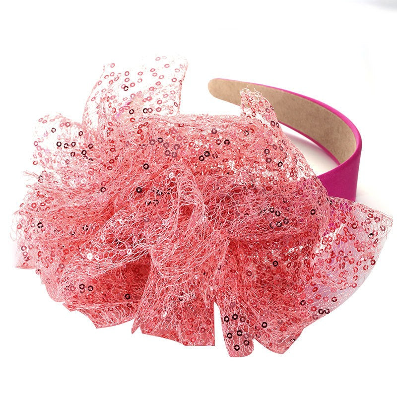 Solid color sequin flower wide edge girl style mesh headband - V.I.P Digital Presence