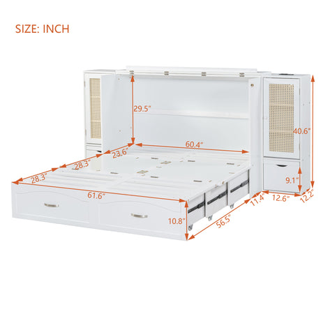 Large Murphy bed wall mounted bed with drawers, 2 storage cabinets, 1 set of sockets and USB ports, white - V.I.P Digital Presence