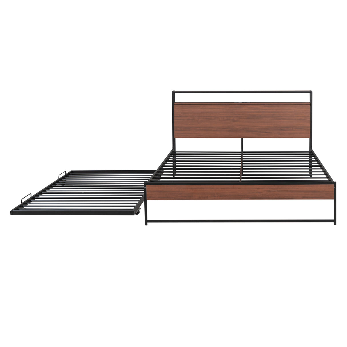 Queen Size Metal Platform Bed Frame with Trundle, USB Ports and Slat Support ,No Box Spring Needed Black - V.I.P Digital Presence