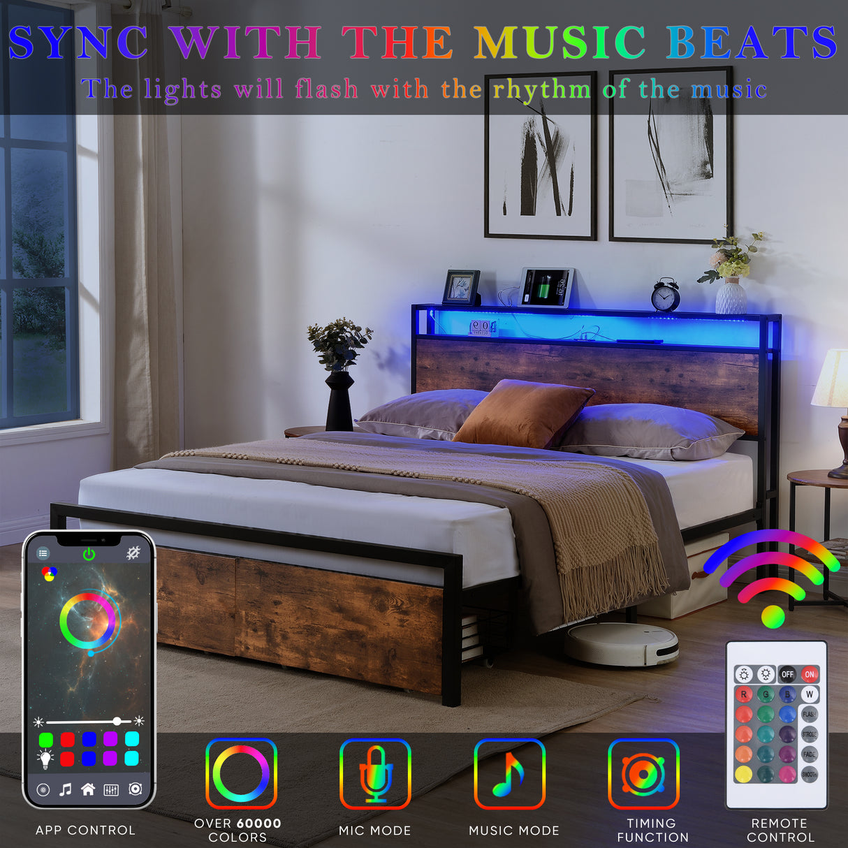 Large bed frame with storage headboard and 2 drawers, LED light bed, charging station, metal platform bed - V.I.P Digital Presence