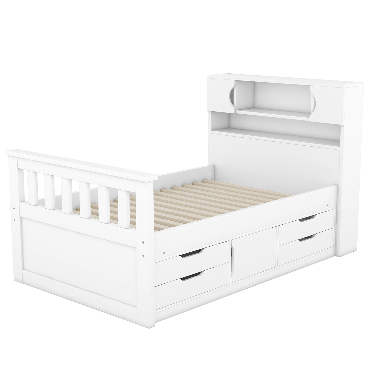 Twin Size Captain Platform Bed Frame with Storage Bookcases and Shelves,Four Drawers,White - V.I.P Digital Presence