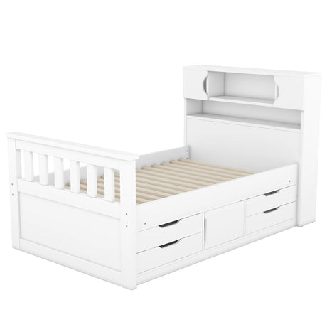 Twin Size Captain Platform Bed Frame with Storage Bookcases and Shelves,Four Drawers,White - V.I.P Digital Presence