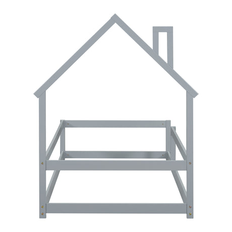 Twin Size Wood bed with House-shaped Headboard Floor bed with Fences,Grey - V.I.P Digital Presence