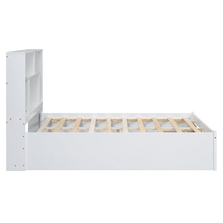 Full Size Platform Bed with Storage Headboard and 2 Drawers, White - V.I.P Digital Presence