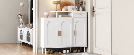 ON-TRANS Elegant Shoe Cabinet with Arched Doors and Drawers, Storage Side Panels, Adjustable Shelves and Solid Wood Legs, White - V.I.P Digital Presence