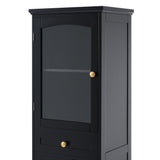 Tall Bathroom Storage Cabinet with Glass Doors, Free-Standing, Two Drawers, and Adjustable Shelves, MDF Board, Painted Black - V.I.P Digital Presence