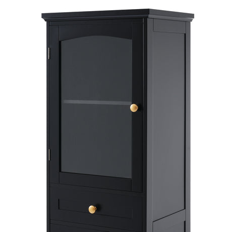 Tall Bathroom Storage Cabinet with Glass Doors, Free-Standing, Two Drawers, and Adjustable Shelves, MDF Board, Painted Black - V.I.P Digital Presence