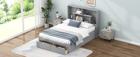 Full Size Platform Bed with Storage Headboard and 2 Drawers, Gray - V.I.P Digital Presence
