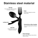 Vajilla de camping multifuncional de acero inoxidable, cuchillo, tenedor y cuchara, herramientas portátiles de supervivencia para comer al aire libre. 