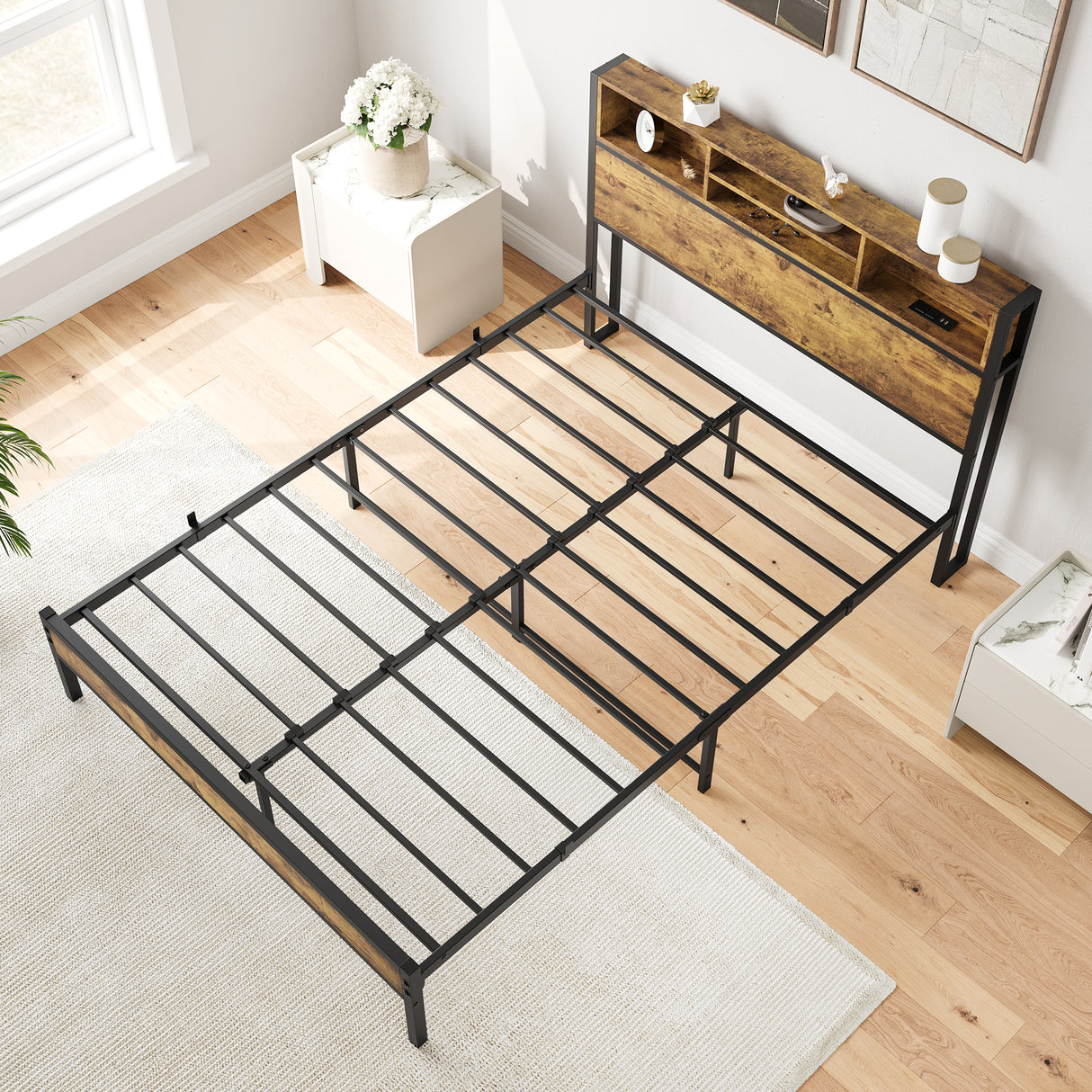 Full Size Bed Frame with Storage Headboard Metal Platform Bed with Charging Station Black - V.I.P Digital Presence