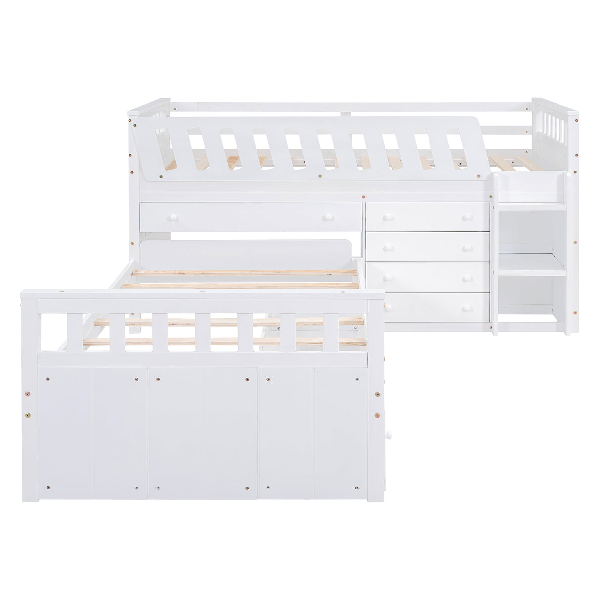 L-shaped Space-Saving Twin Loft and Twin Platform Bed with 7 Drawers and Full Guardrails(WHITE) - V.I.P Digital Presence