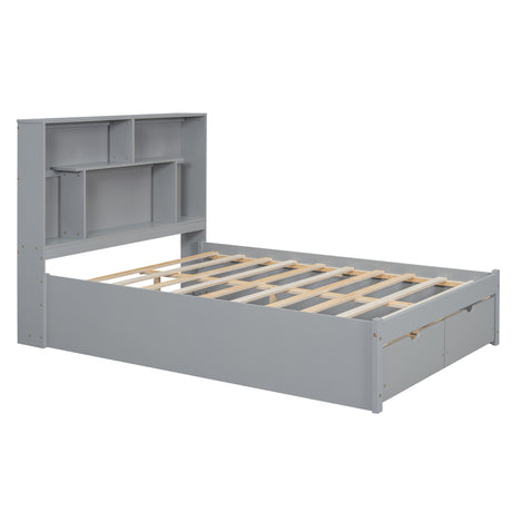 Full Size Platform Bed with Storage Headboard and 2 Drawers, Gray - V.I.P Digital Presence
