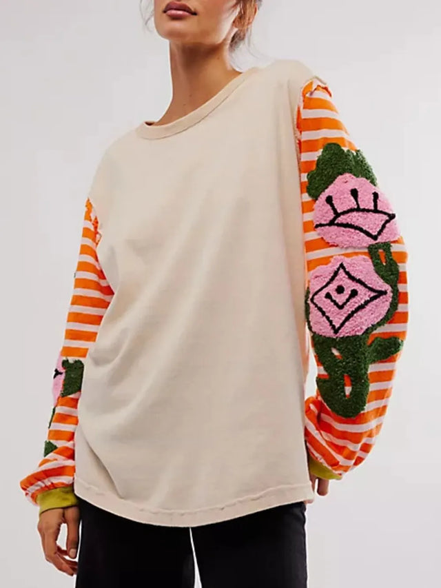 Striped Round Neck Long Sleeve Sweatshirt - V.I.P Digital Presence