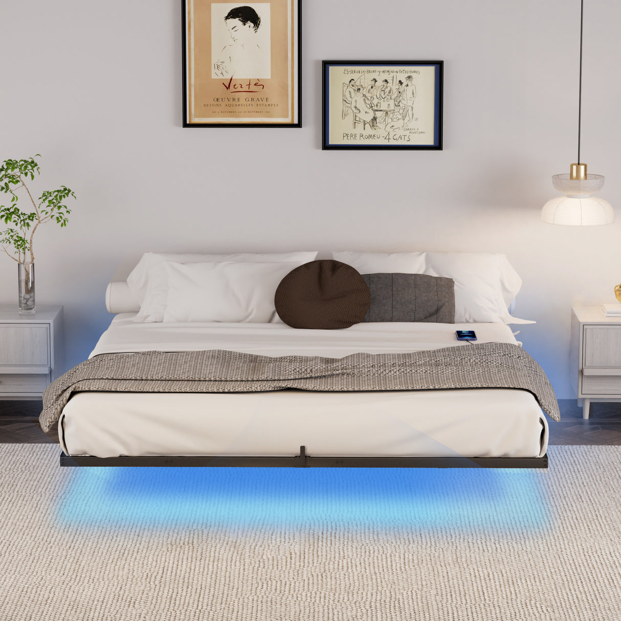 Floating Bed Frame King Size with LED Lights ＆ charging station, Metal Platform Queen Bed, 79.9'' L x 76.2'' W x 7.9'' H. - V.I.P Digital Presence
