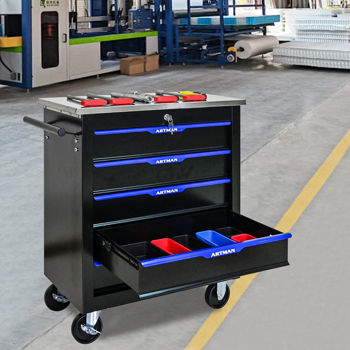 5 DRAWERS MULTIFUNCTIONAL TOOL CART WITH WHEELS-BLACK+BLUE - V.I.P Digital Presence