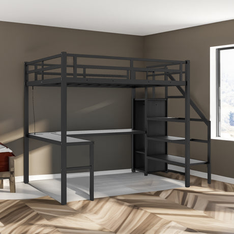 Twin XL loft bed with L-shaped desk and USB, metal loft bed with wardrobe and adjustable shelf, LED loft bed, black - V.I.P Digital Presence